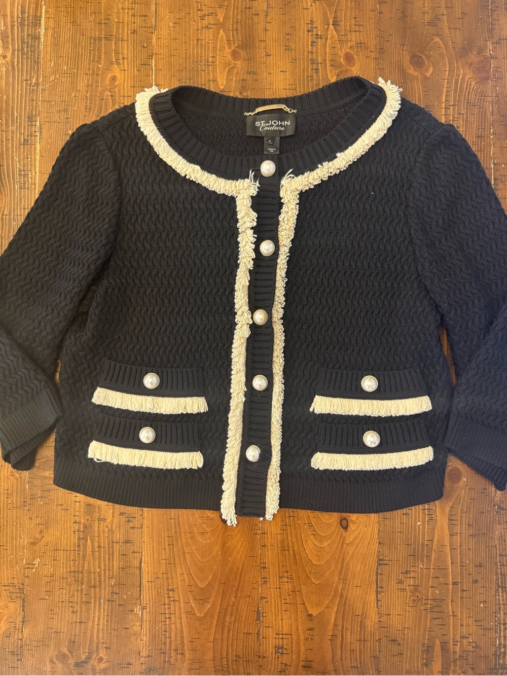 St. John Couture Black Button Cardigan Embellished Trim Sz 14 EUC